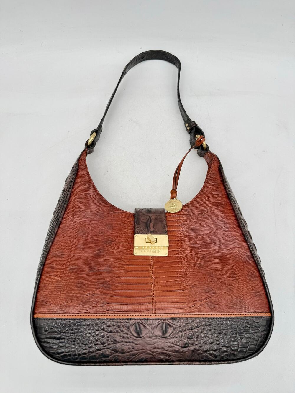 Brahmin Maggie Hobo Cognac Brown Croc Embossed Leather Shoulder Bag